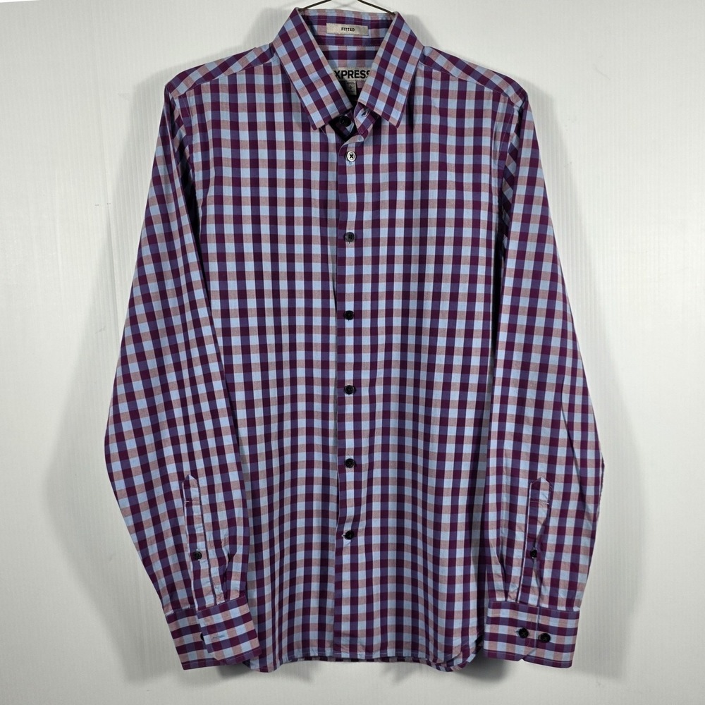Express Mens Fitted Gingham Button Up Shirt Purple Blue Check Small 14-14.5